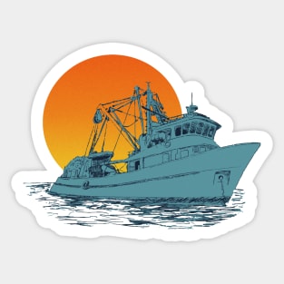 hand drawing fishing boat retro sunset Sticker